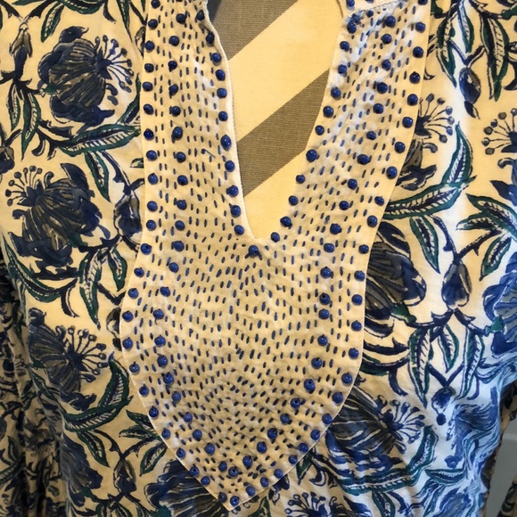 Diane Snyder BohoHippie bead embroidered blue&white floral print bell sleeve top - Picture 3 of 9